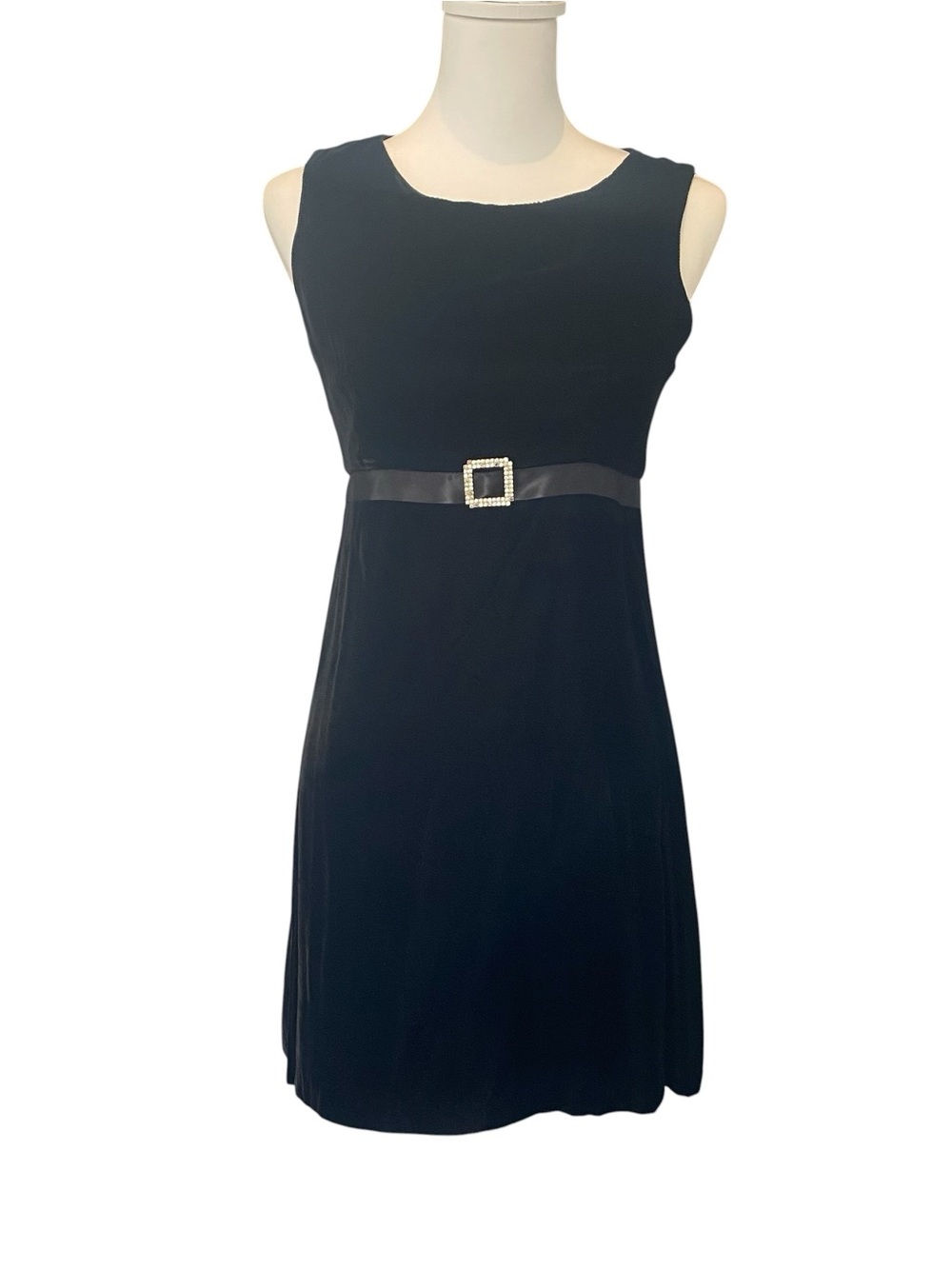 Vintage Black Velvet Mini Dress Rhinestone Buckle Y2K Dark Academia Size 6, Mini